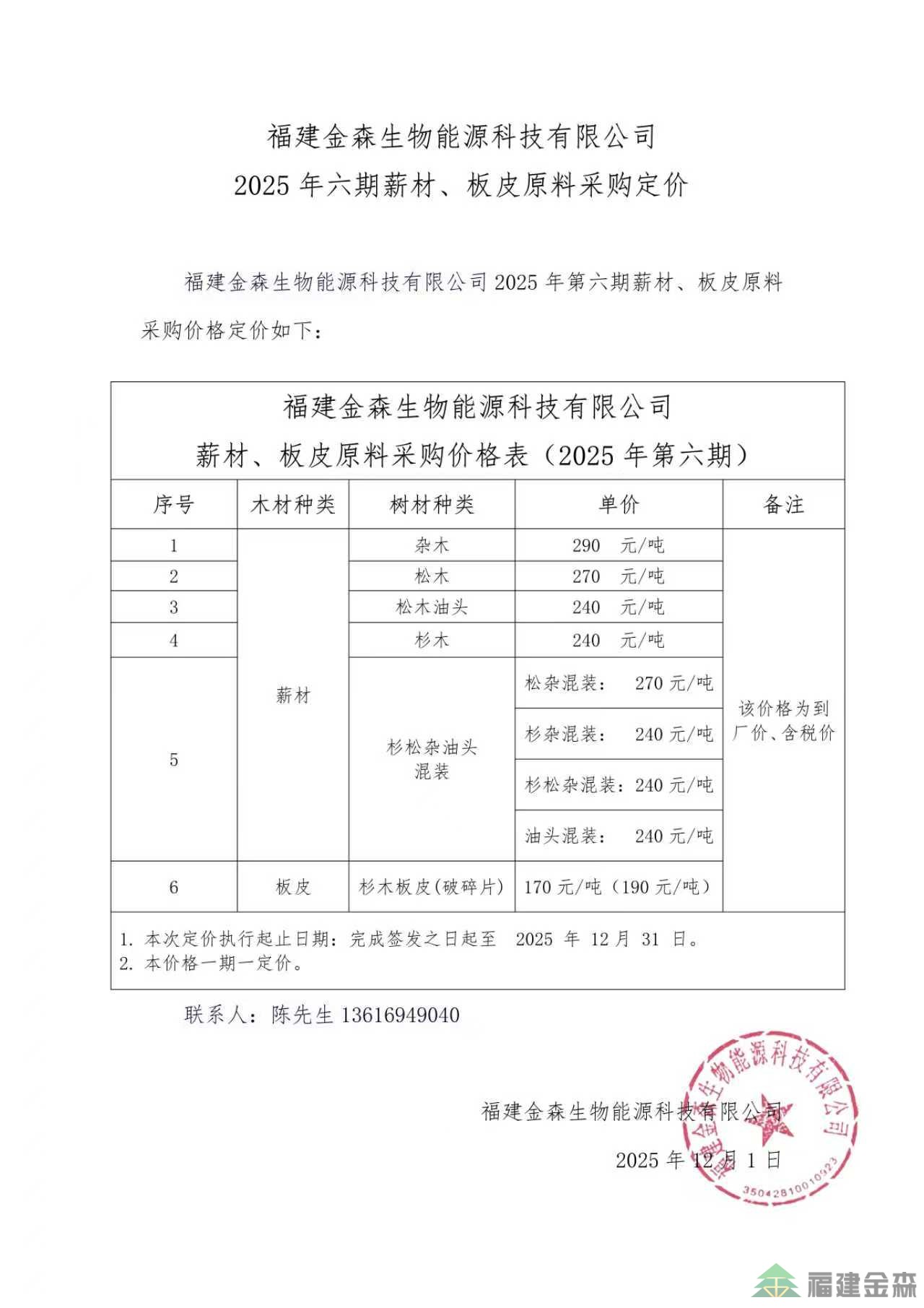 福建金森生物能源科技有限公司 2025年六期薪材、板皮原料采購定價